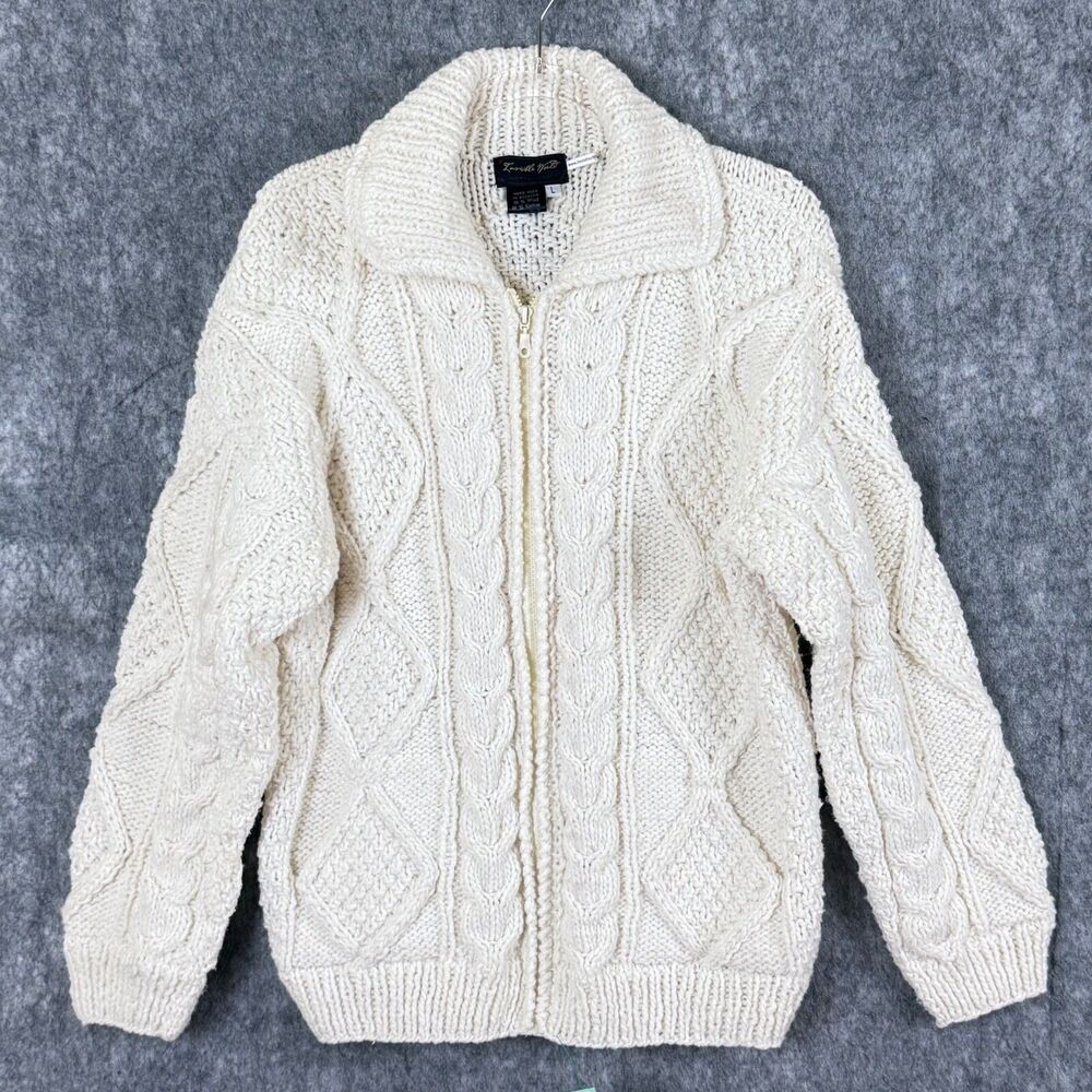 Invisible World Mens L Zip-Front Cardigan Sweater Chunky Knit Fisherman Ivory